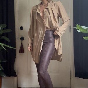 Tan Silk Tie Neck Dark Academia Dress Shirt Top Tunic